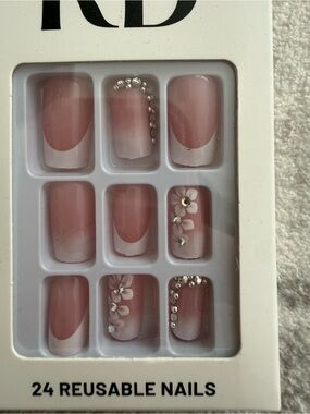 Pink FrenchTip Ombre Press-On Nails with Rhinestones & Floral Accents